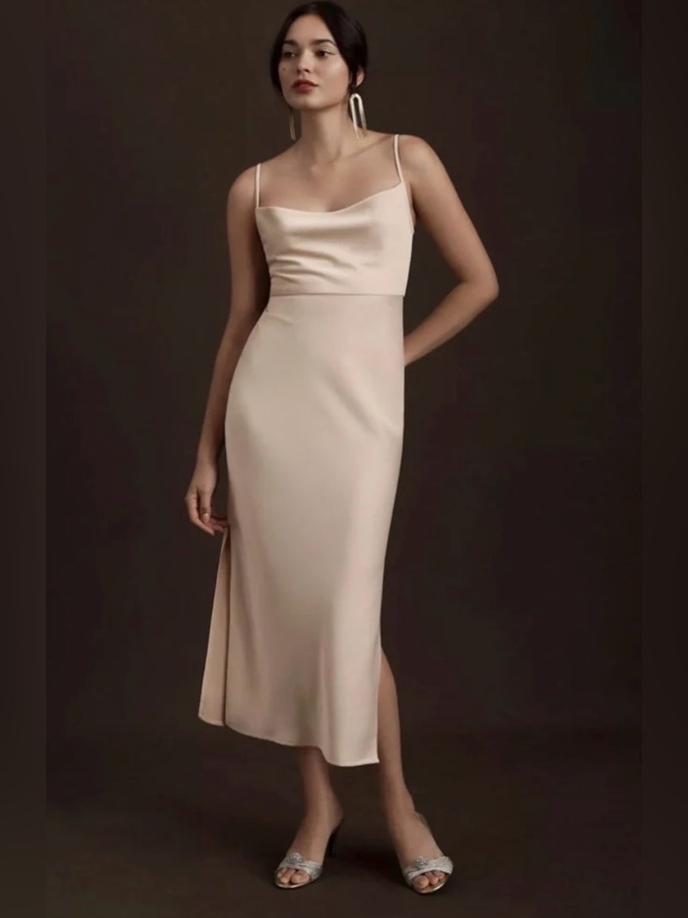 BHLDN Anthropologie Cali Satin Cowl Neck Midi Slip Dress in Oyster Beige Size 6